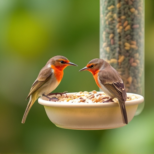 Wrens eating from hanging seed feeder