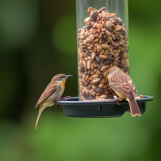 Wrens eating from hanging seed feeder