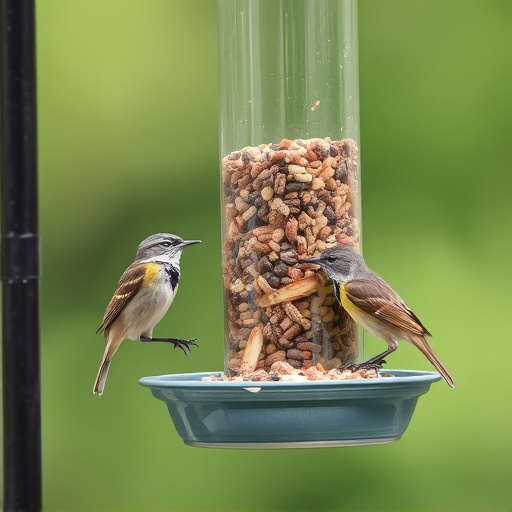 Wrens eating from hanging seed feeder