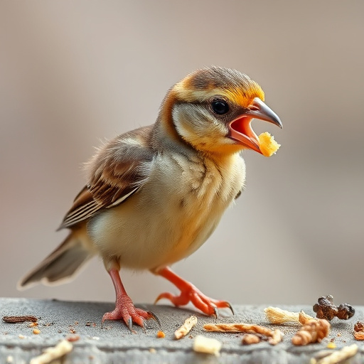 Young bird learning to eat independently