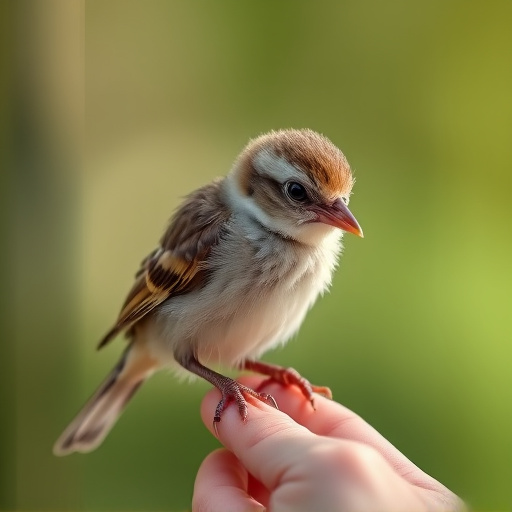 Young fledgling bird being hand-fed
