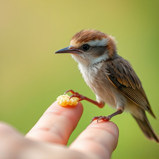 Young fledgling bird being hand-fed