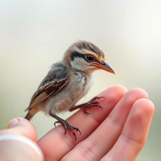 Young fledgling bird being hand-fed
