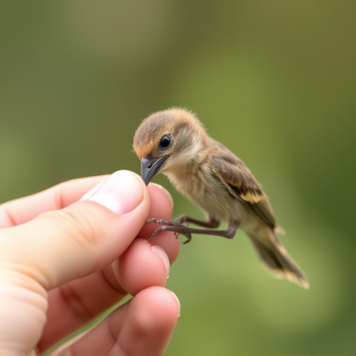 Young fledgling bird being hand-fed