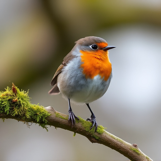 Adult robin perched on mossy branch