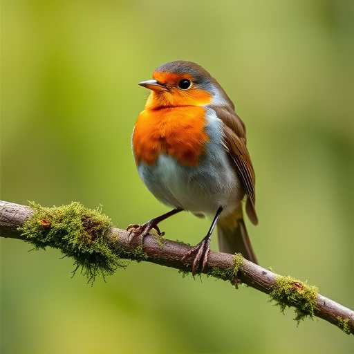 Adult robin perched on mossy branch