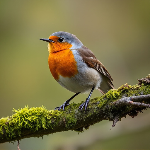 Adult robin perched on mossy branch