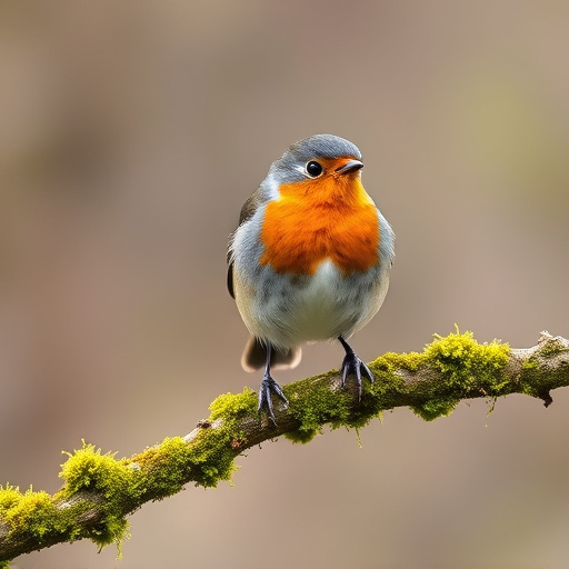 Adult robin perched on mossy branch