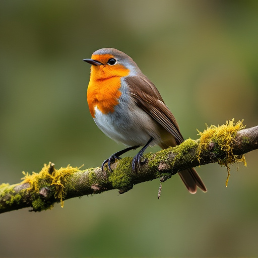 Adult robin perched on mossy branch