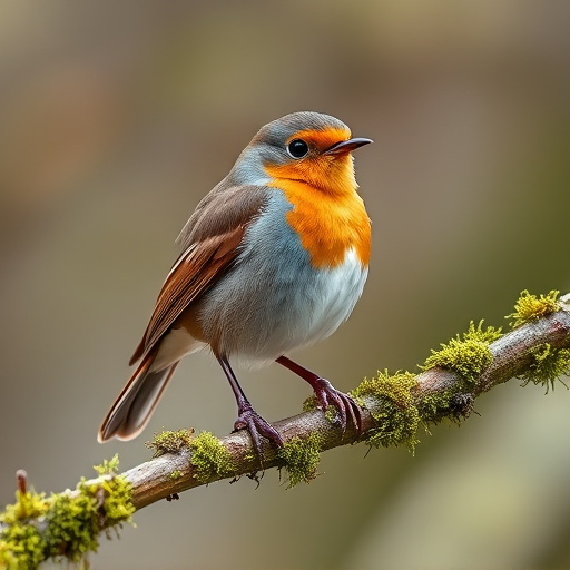 Adult robin perched on mossy branch