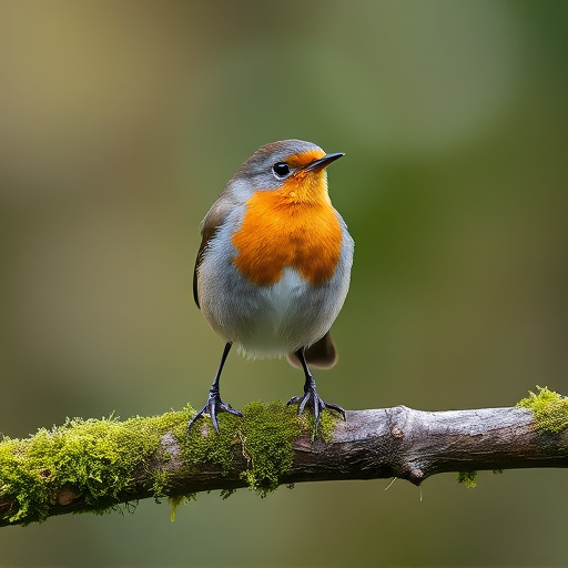 Adult robin perched on mossy branch