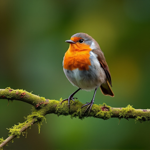 Adult robin perched on mossy branch