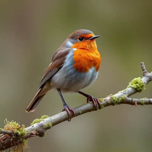 Adult robin perched on mossy branch