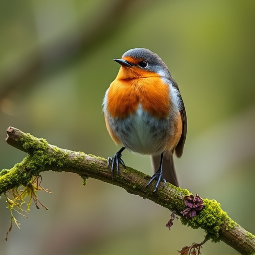 Adult robin perched on mossy branch