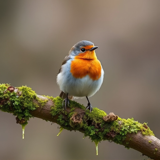 Adult robin perched on mossy branch