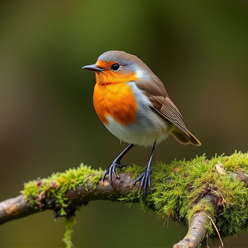 Adult robin perched on mossy branch