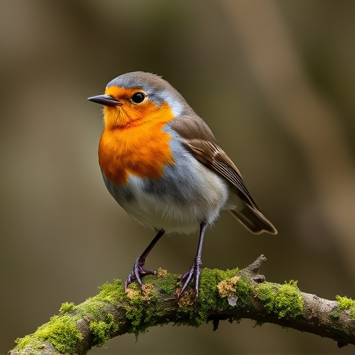 Adult robin perched on mossy branch