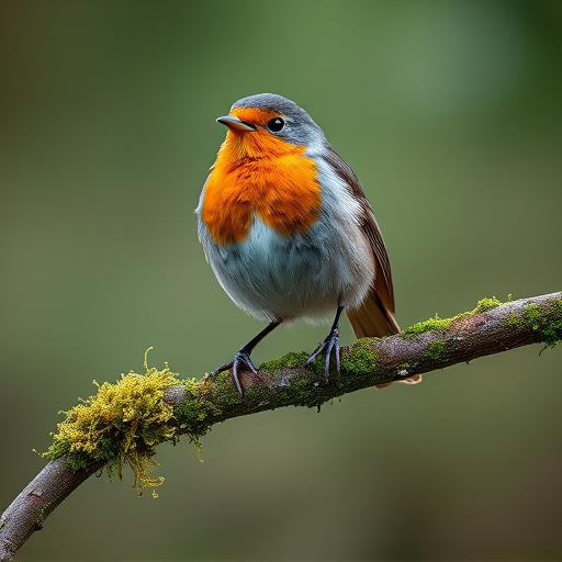Adult robin perched on mossy branch