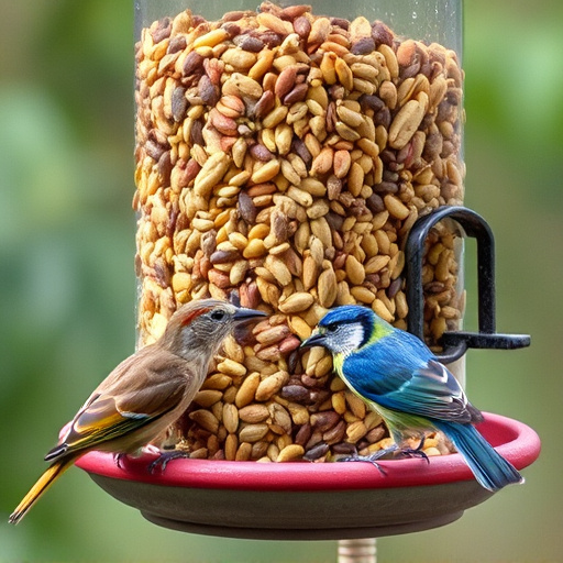Assorted seeds in feeder for wild birds