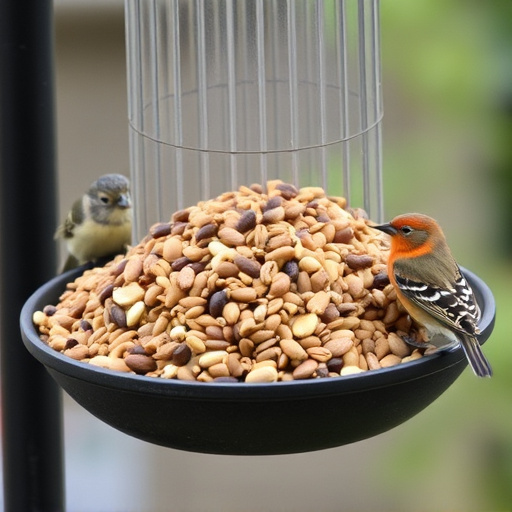Assorted seeds in feeder for wild birds