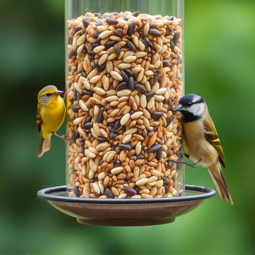 Assorted seeds in feeder for wild birds