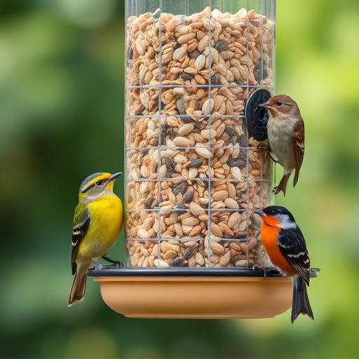Assorted seeds in feeder for wild birds