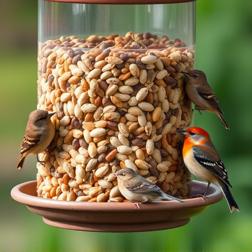 Assorted seeds in feeder for wild birds