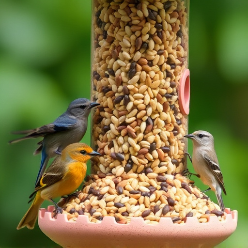 Assorted seeds in feeder for wild birds