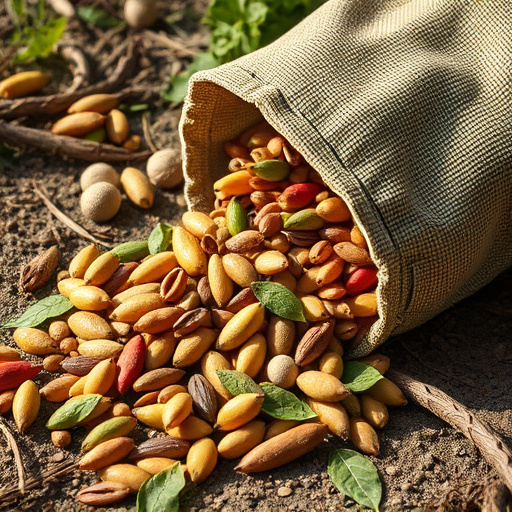 Assorted seeds spilling from bag outdoors