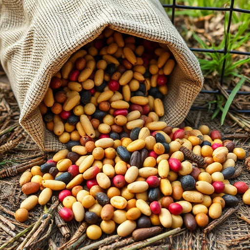 Assorted seeds spilling from bag outdoors