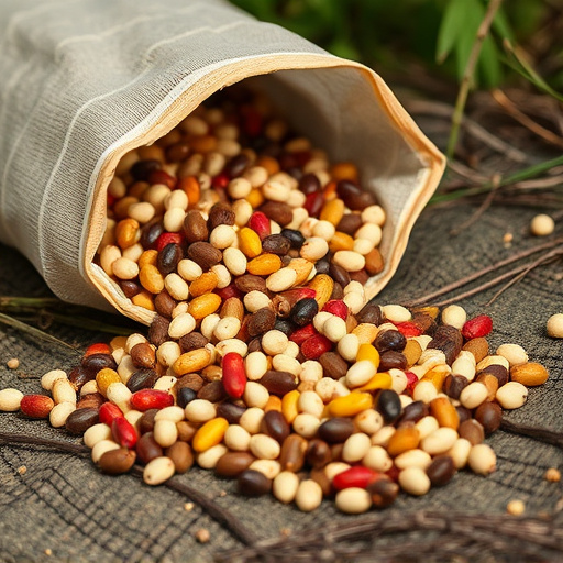 Assorted seeds spilling from bag outdoors