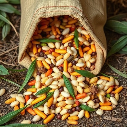 Assorted seeds spilling from bag outdoors