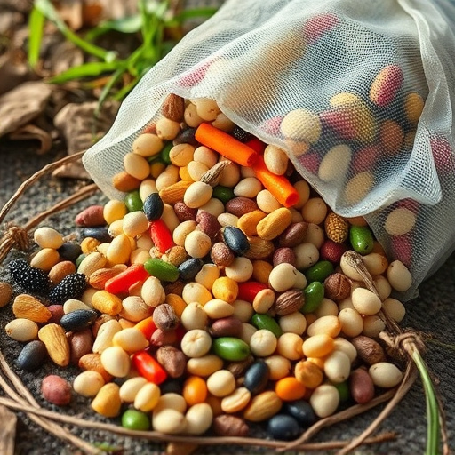 Assorted seeds spilling from bag outdoors