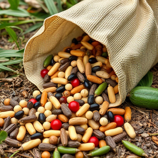 Assorted seeds spilling from bag outdoors