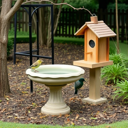 Bird bath beside bird feeder station