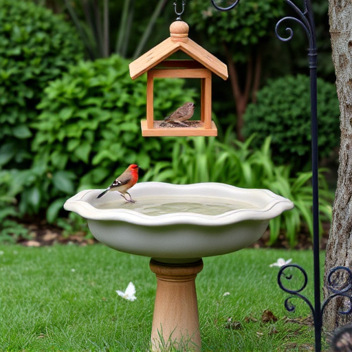 Bird bath beside bird feeder station