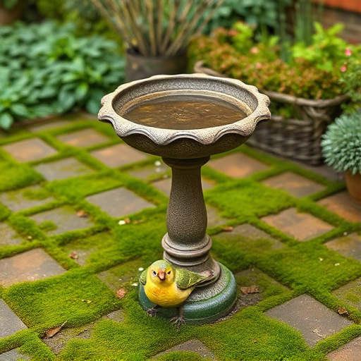 Bird bath set on mossy garden paving