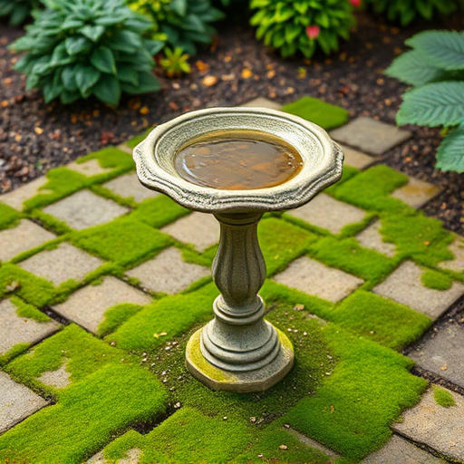 Bird bath set on mossy garden paving
