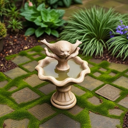 Bird bath set on mossy garden paving