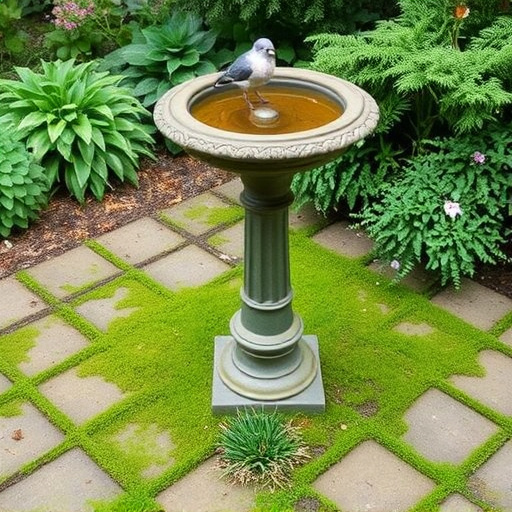 Bird bath set on mossy garden paving