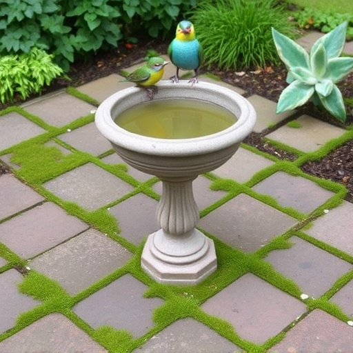 Bird bath set on mossy garden paving
