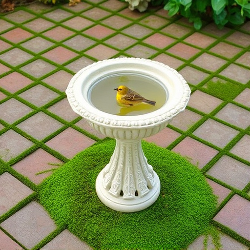 Bird bath set on mossy garden paving