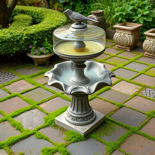 Bird bath set on mossy garden paving
