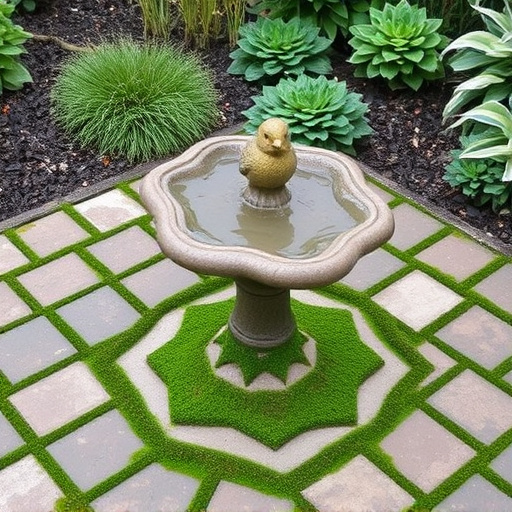 Bird bath set on mossy garden paving