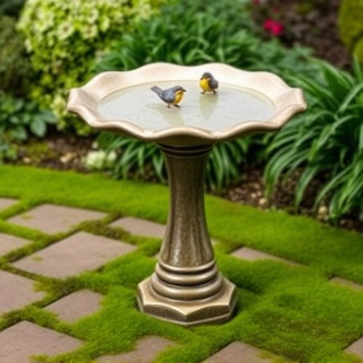Bird bath set on mossy garden paving