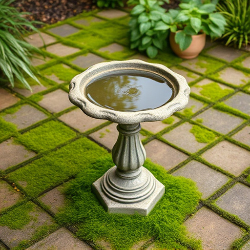 Bird bath set on mossy garden paving
