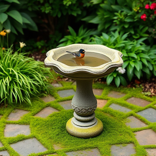 Bird bath set on mossy garden paving