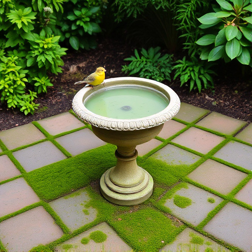Bird bath set on mossy garden paving