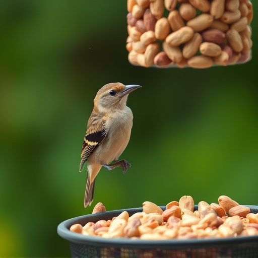 Bird eating peanuts from feeder