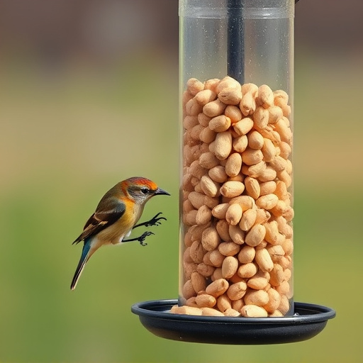 Bird feeder filled with peanuts outdoors